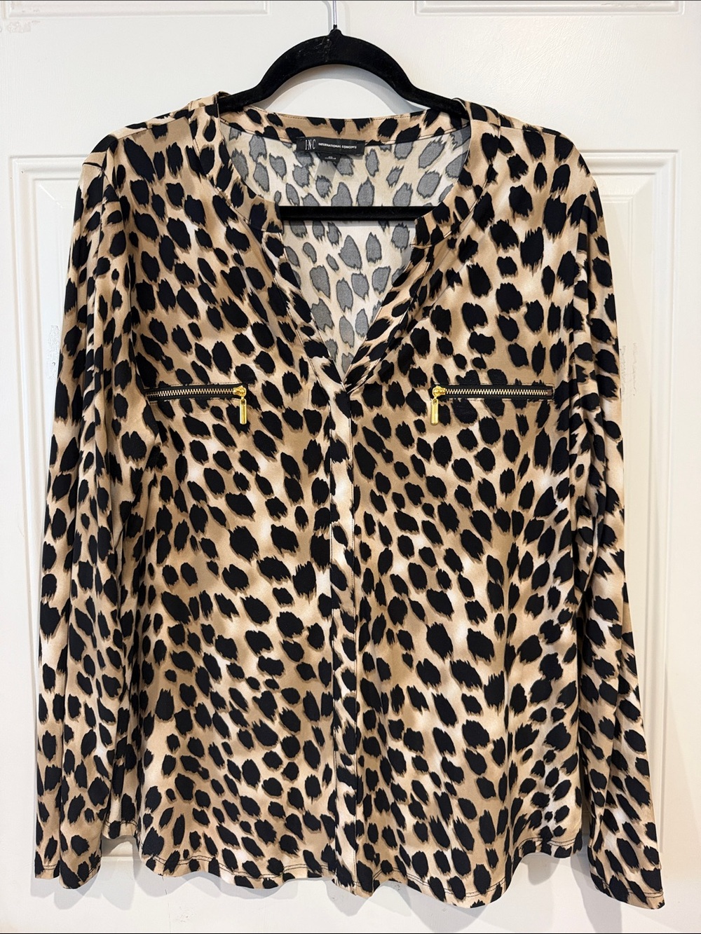 INC International Concepts Leopard Print Zip Pocket Blouse - Black & Tan